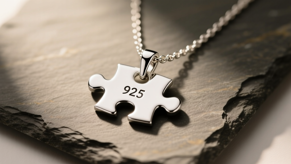 Sterling silver puzzle piece sister necklace on slate, soft lighting highlighting the 925 hallmark on the small lobster clasp