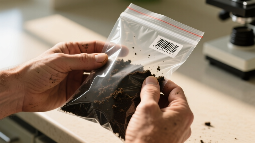 Hands holding a sealed plastic soil sample bag with a barcode label prepared for mailing to an agricultural testing laboratory