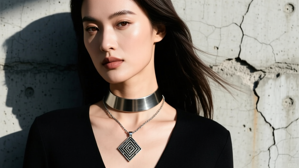 Model wearing layered no boo necklace with 14-inch steel choker and 20-inch oxidized silver pendant against a concrete wall