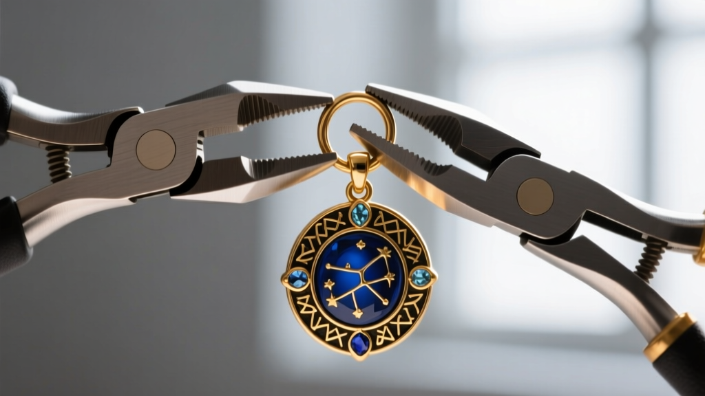 Macro shot of jewelry pliers opening a 16-gauge brass jump ring to attach a thick rope chain to a detailed fantasy pendant
