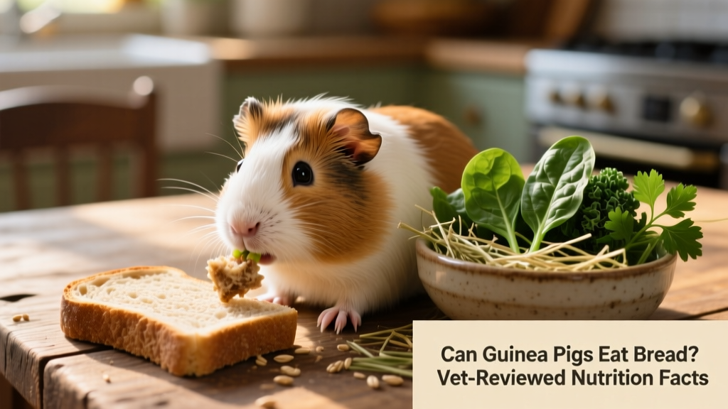 A guinea pig gently nibbling a small piece of plain whole-grain bread beside a bowl of timothy hay and leafy greens