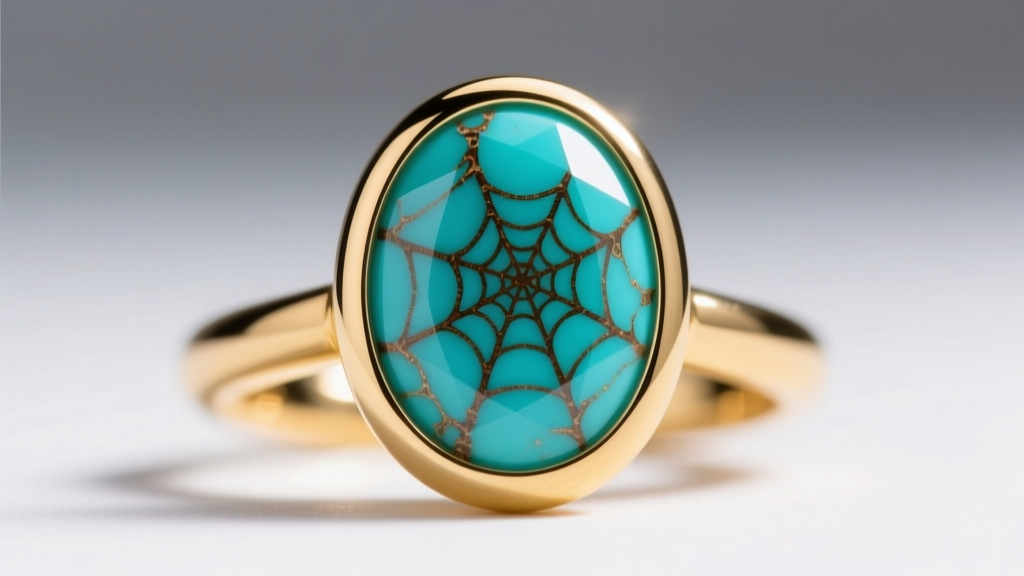 Extreme close-up of a turquoise cabochon showing natural brown spiderweb matrix against a polished 14k yellow gold bezel.