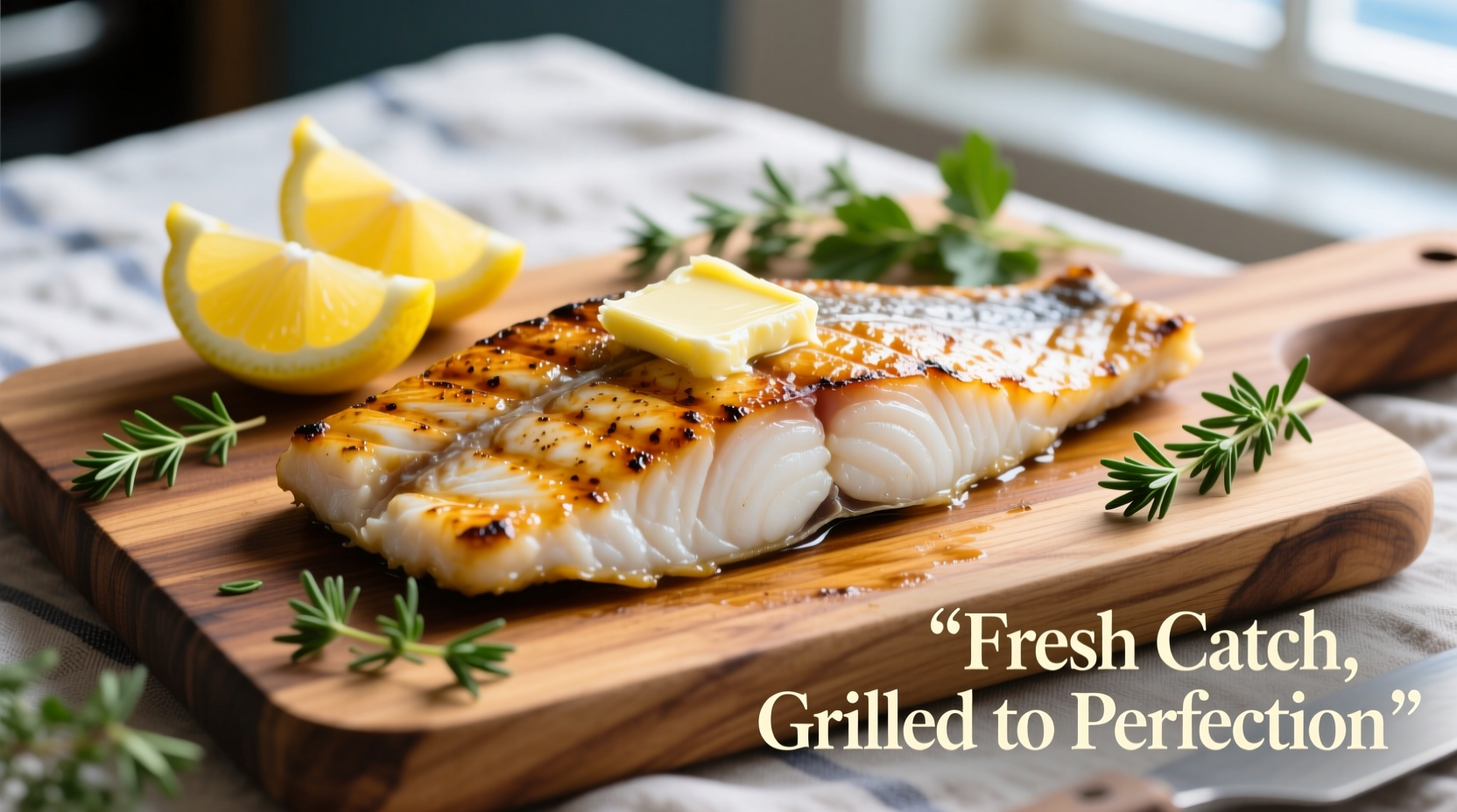 Perfectly grilled halibut fillet with lemon wedges and herbs