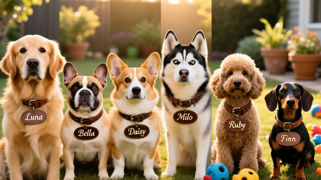 Side-by-side collage showing six dogs of different breeds wearing personalized collars with names like 'Luna', 'Bella', 'Daisy', and 'Milo'