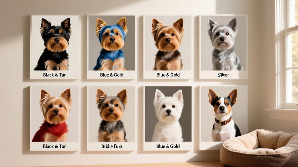 Collage showing nine adult Yorkies, each representing one of the nine color variations described, with clean labels and consistent lighting
