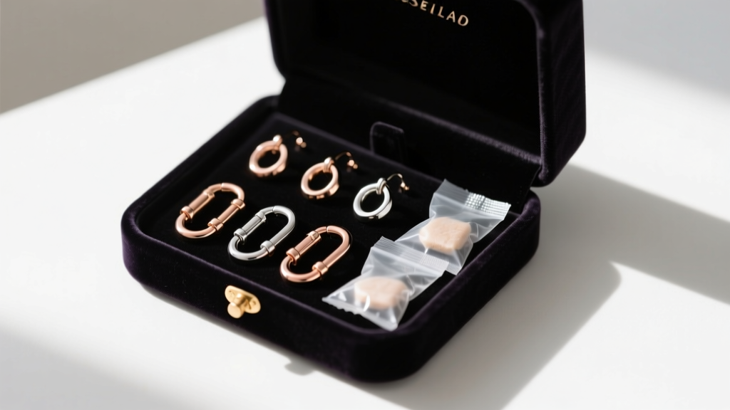 Velvet jewelry box displaying rose gold and silver carabiner earrings, stored alongside small silica gel packets to prevent tarnish.