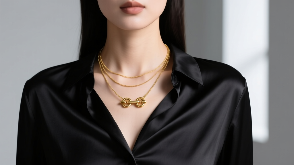 Woman wearing a layered gold vermeil toggle charm necklace over a black silk blouse, showcasing the drape and clasp.