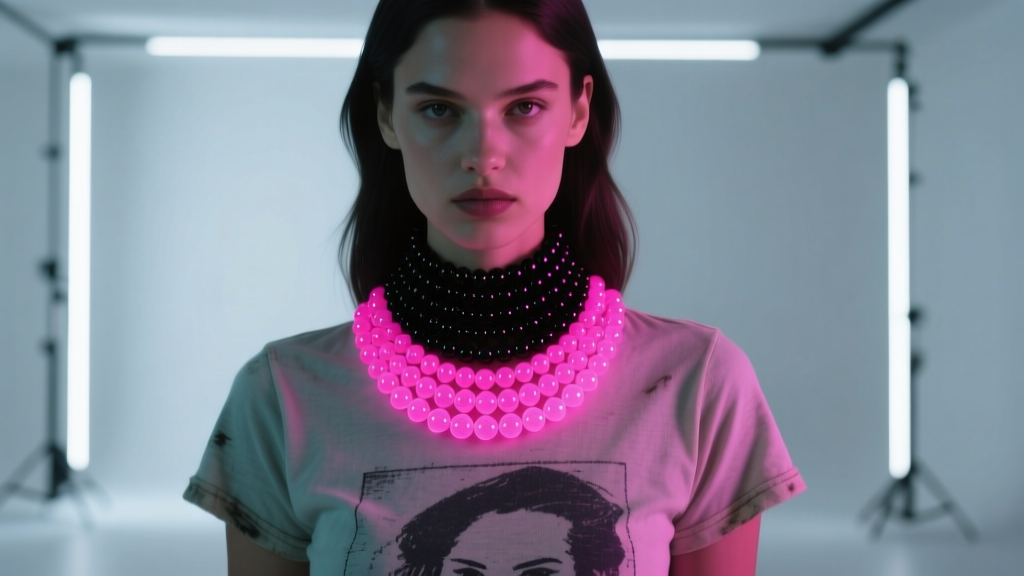 Model wearing a layered kandi choker with matte black and neon pink acrylic beads and a vintage tee under a UV blacklight glow.