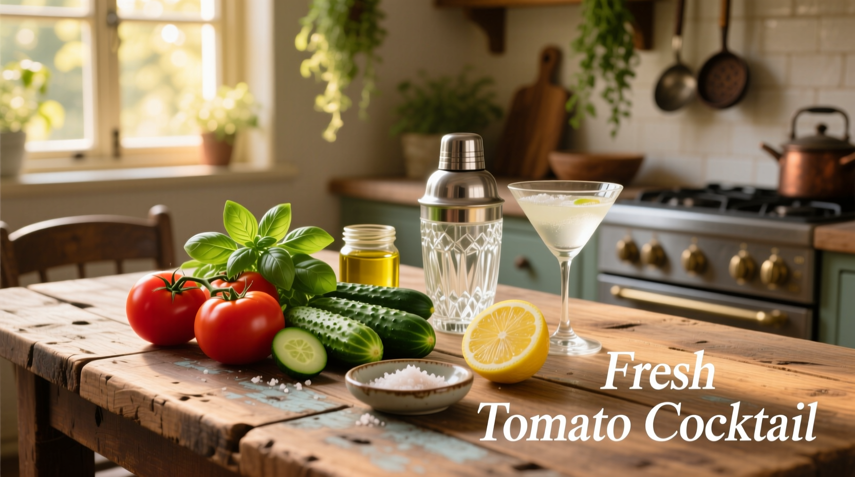Fresh tomato cocktail ingredients on wooden table