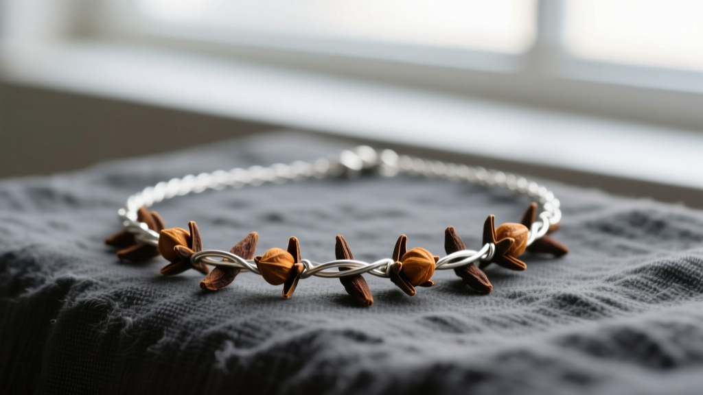 Dried clove bud necklace strung on 24-gauge oxidized silver wire, resting on dark linen fabric in soft natural lighting