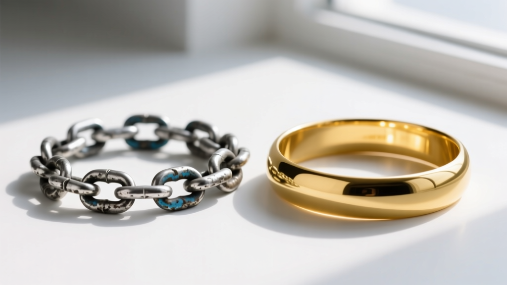 Close-up of tarnished sterling silver chain next to a gleaming 18k yellow gold bangle, showing visual effects of metal oxidation