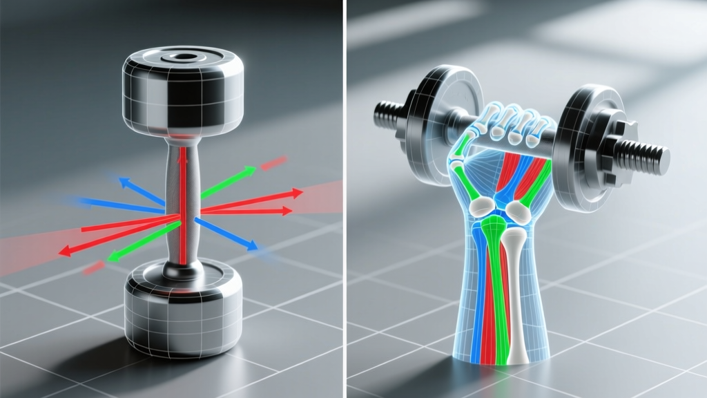 Side-by-side wireframe biomechanical diagram showing wrist joint load vectors comparing a standard cylindrical dumbbell and an offset grip