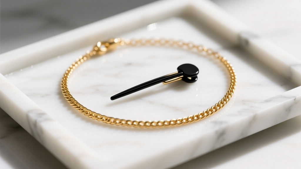 Overhead shot of a delicate 14k gold cable chain necklace adjusted with a matte black bobby pin on a white marble jewelry tray
