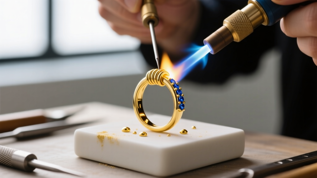 Jeweler using a micro-torch to solder a broken 14k yellow gold spring ring clasp, with blue flux and a ceramic soldering block