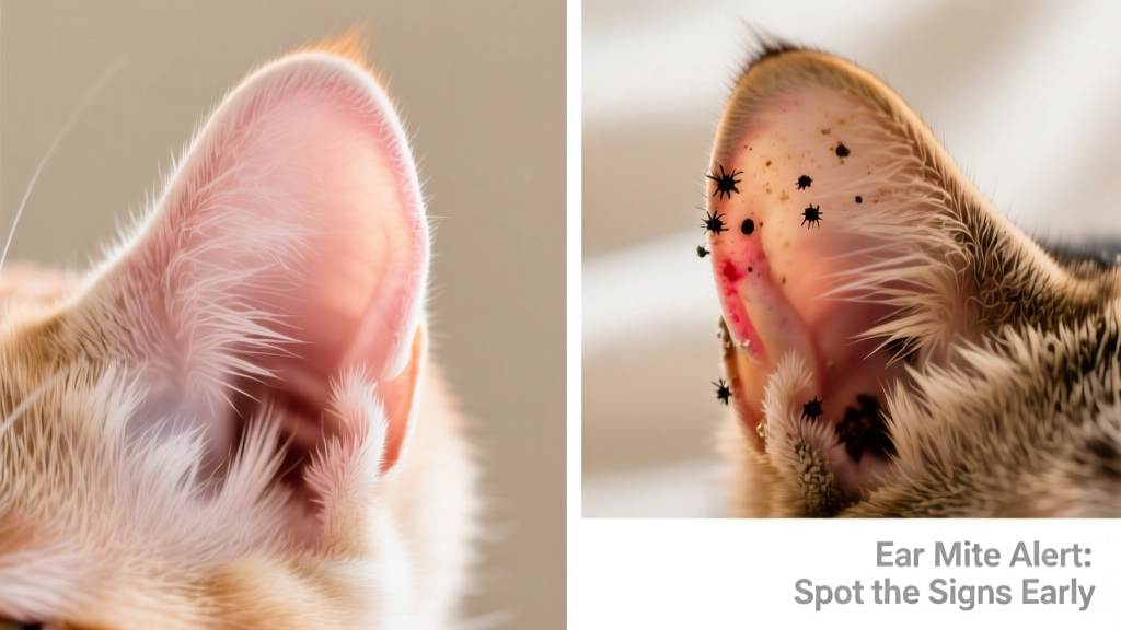 Side-by-side comparison: healthy cat ear vs. ear with visible mite-related debris and redness