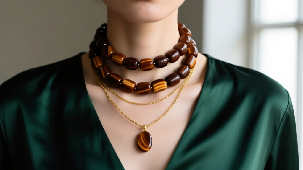 Layered necklaces featuring a brown sardonyx beaded choker and delicate gold lariat pendant, worn over a dark emerald silk blouse