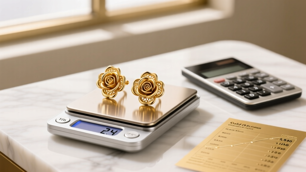 Digital scale weighing 18k gold rose flower earrings showing 2.4 grams, beside a calculator and a printed gold price chart