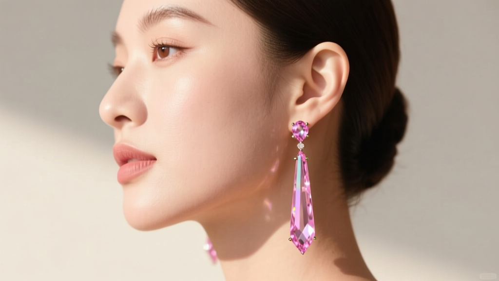 Side profile of a woman with a round face wearing elongated pink crystal drop earrings, showing how dangles elongate the jawline.