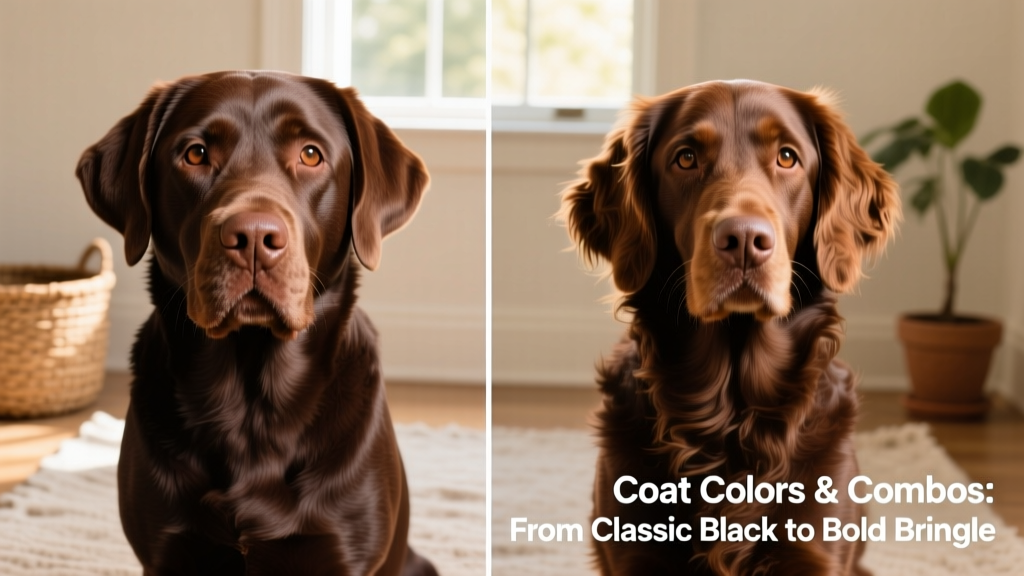 Side-by-side comparison of a chocolate Labrador Retriever and a liver-colored Flat-Coated Retriever, highlighting their brown noses and warm-toned coats