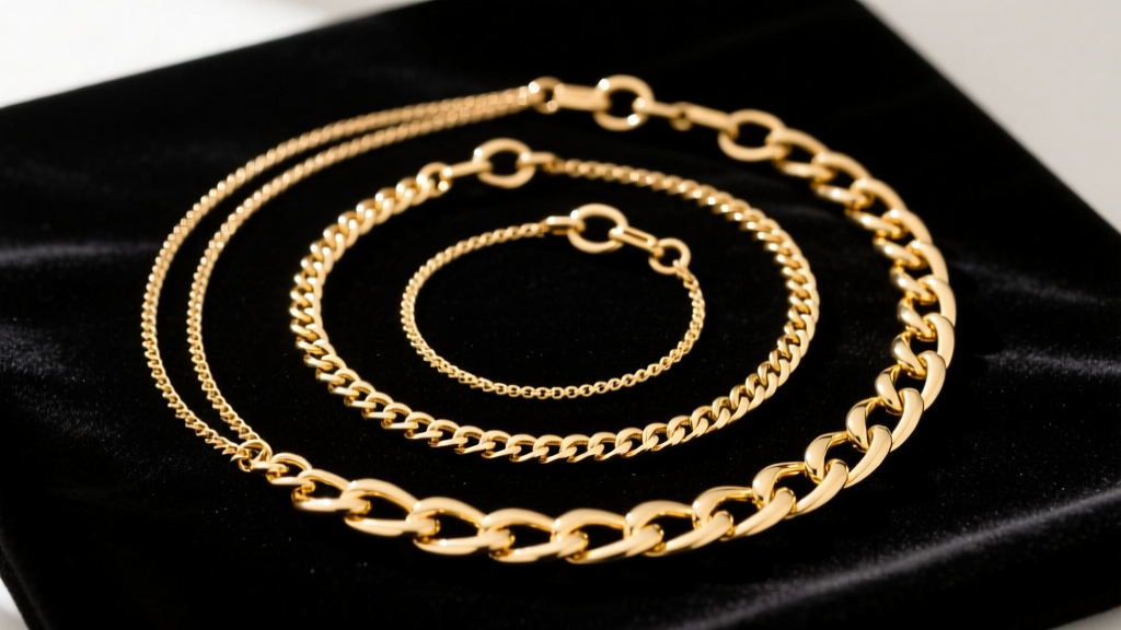 Overhead flat lay of three layered gold chains of varying lengths secured by discreet figure-8 shortener clasps on dark velvet