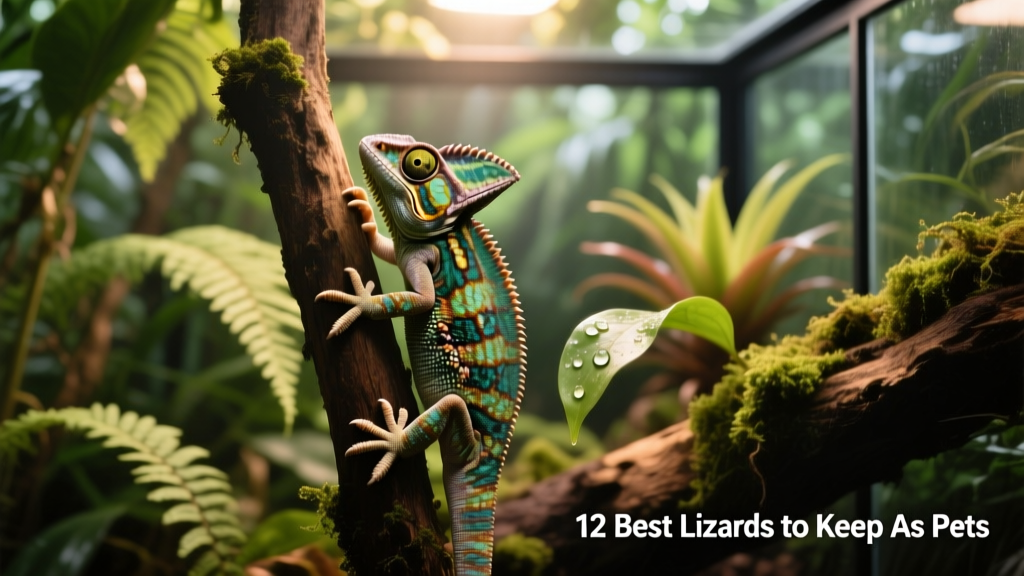 Crested gecko clinging to a vertical branch in a lush, planted terrarium with soft ambient lighting