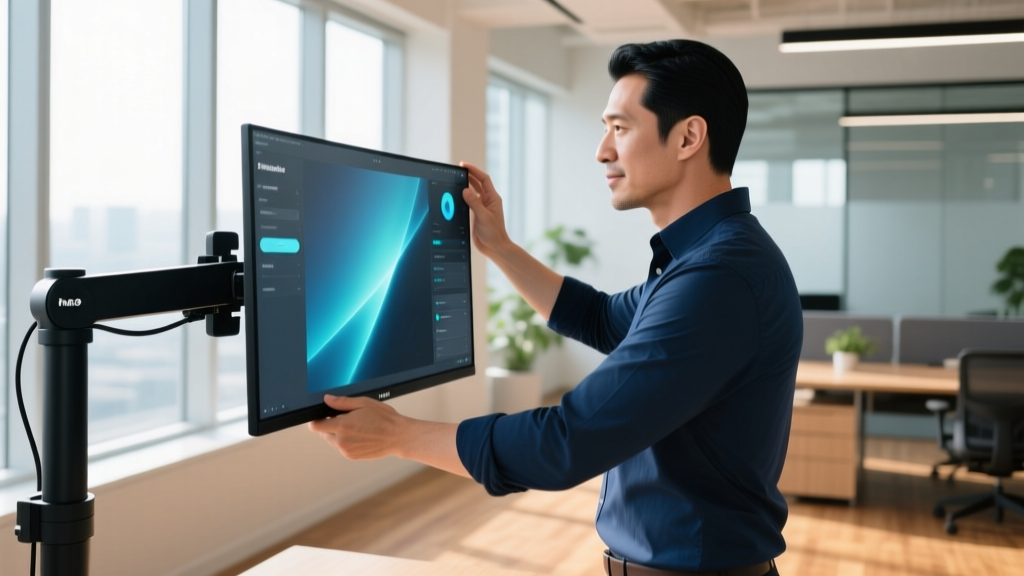 Side profile of a founder using a Humanscale M8.1 monitor arm to adjust an ultrawide display to exact eye-level while standing.