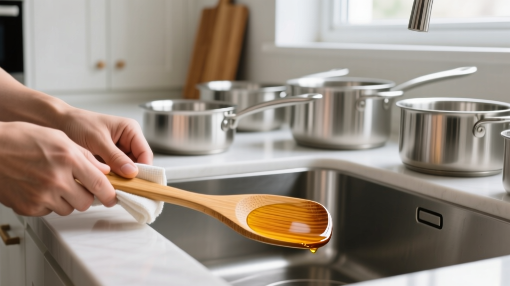 Hands applying food-grade mineral oil to a bamboo spatula with a lint-free cloth near a kitchen sink with stainless steel pots