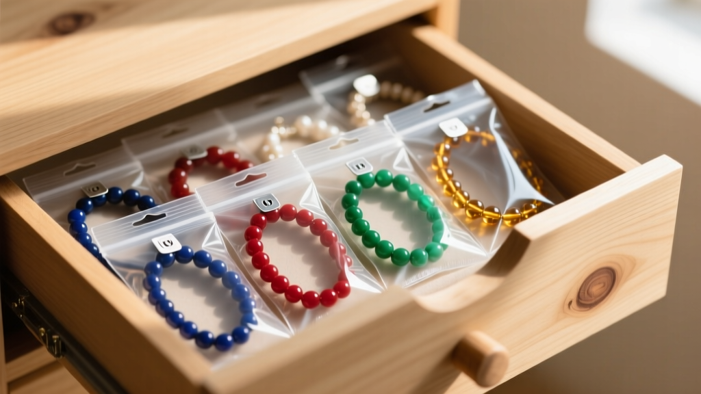 Beaded necklaces sealed in clear polyethylene bags with small anti-tarnish strips, organized neatly inside a shallow wooden drawer