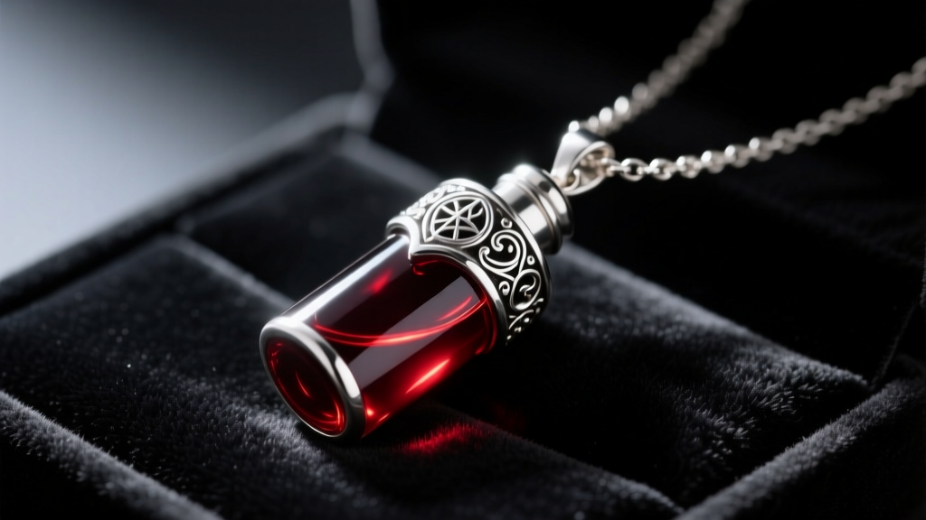 Sterling silver reliquary vial necklace holding dark crimson liquid, resting on black velvet under moody lighting