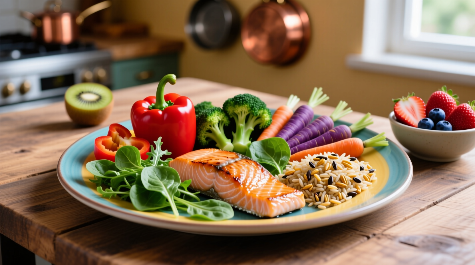 Colorful plate showing balanced food groups portions