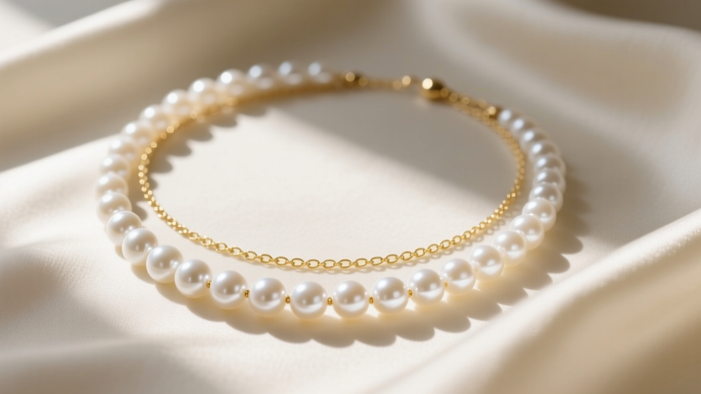 Flat lay of layered white freshwater pearl necklace and delicate gold chain on cream silk fabric with soft natural morning light.