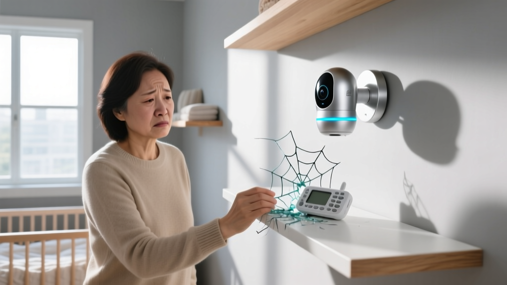 A frustrated parent examining a cracked plastic baby monitor base next to a pristine aluminum-mounted smart camera in a modern nursery.