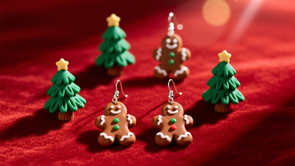 Overhead flat-lay of festive polymer clay christmas earrings shaped like tiny pine trees and gingerbread men on red velvet