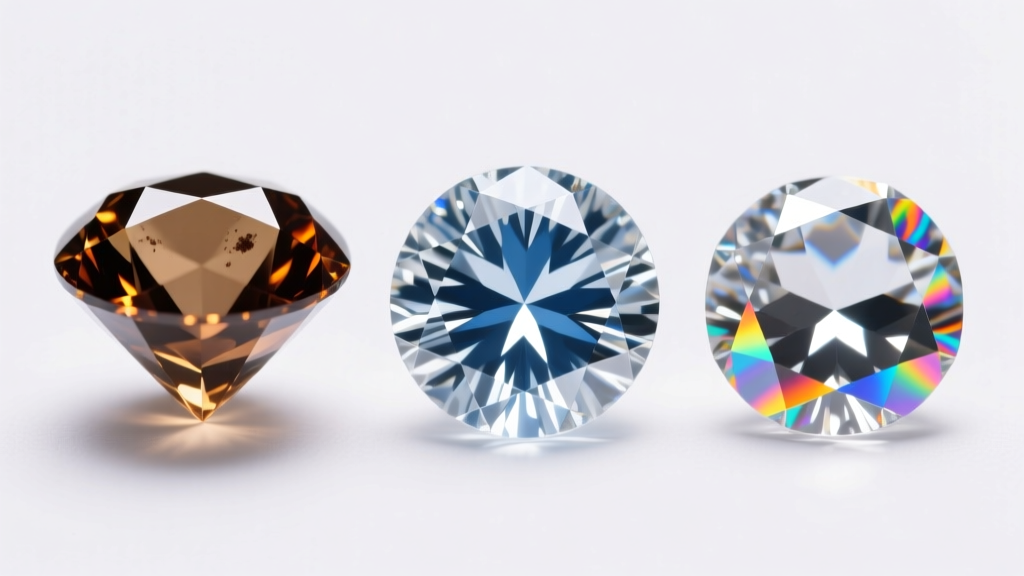 Macro shot of natural diamond, lab diamond, and moissanite side-by-side under bright lighting, showing distinct fire.