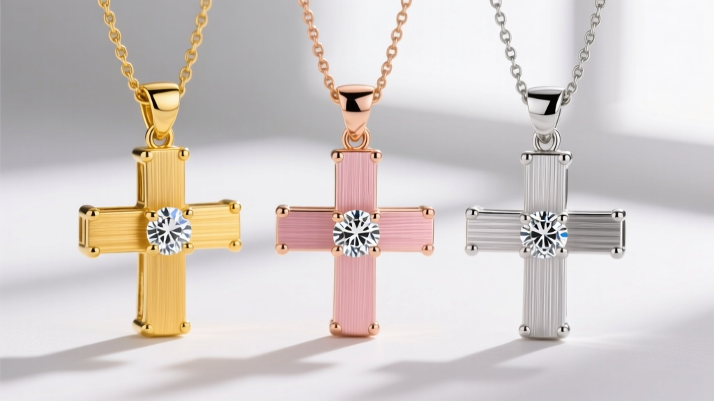 Macro shot of diamond cross pendants in yellow gold, rose gold, and platinum, showing distinct metal textures and prong details.