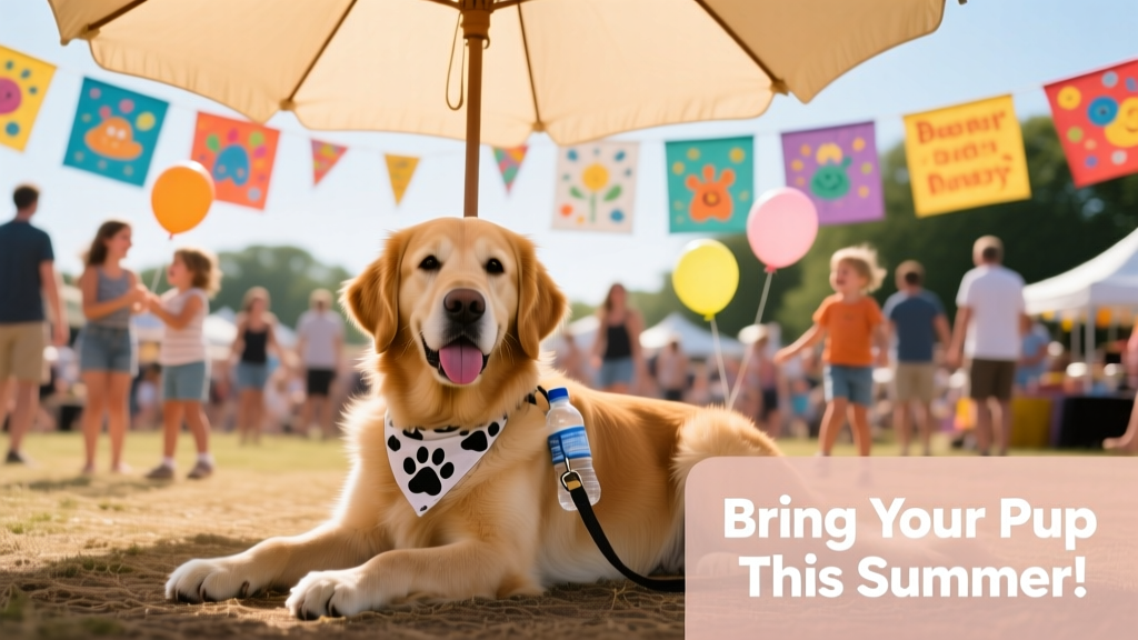 A calm, leashed dog enjoying shade at a lively outdoor festival with colorful banners and people in the background