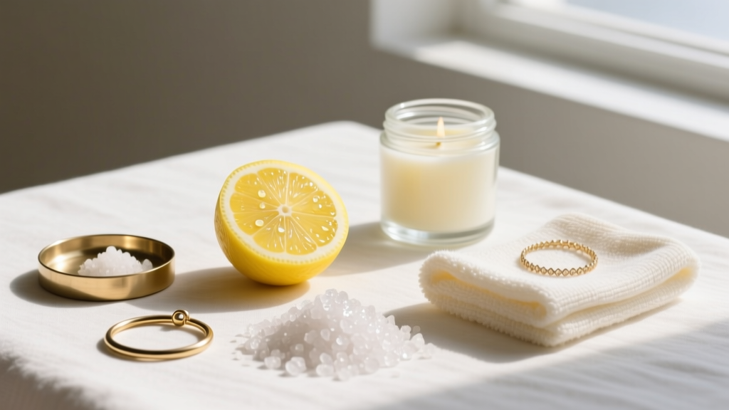 Flat lay of brass jewelry cleaning supplies including a lemon half, coarse salt, a soft microfiber cloth, and a small jar of wax
