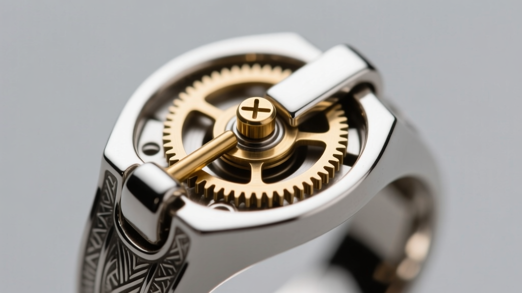Macro photo of a microscopic brass hinge pin and interlocking knuckles on a sterling silver secret compartment ring mechanism.