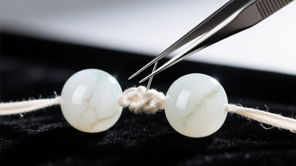 Tweezers pulling a needle through a silk knot between two large, milky white nephrite jade beads resting on a dark jeweler's mat