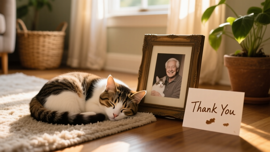 A happy, adopted cat curled up asleep beside a framed photo of their former foster parent and a small 'Thank You' card