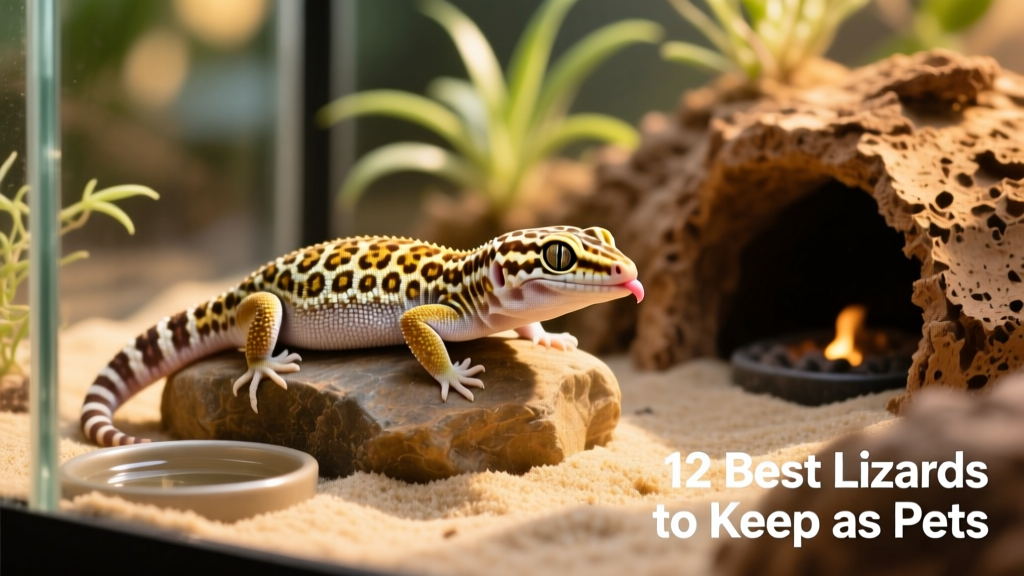 Leopard gecko resting on a warm rock in a naturalistic terrarium with sand substrate and hiding spots