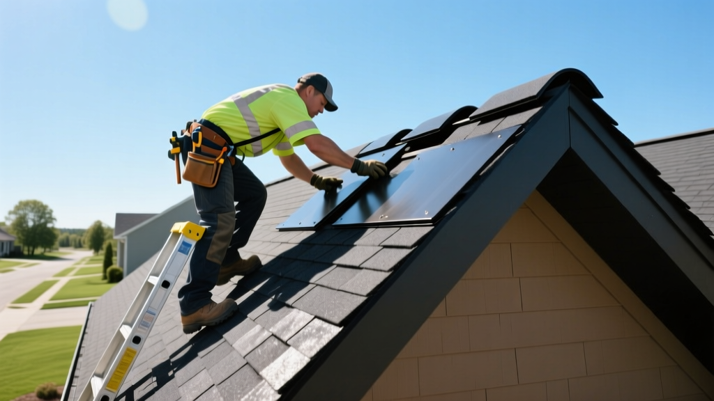 Contractor installing 3-tab asphalt shingles on a steep residential roof under clear skies while holding a cost estimate clipboard.