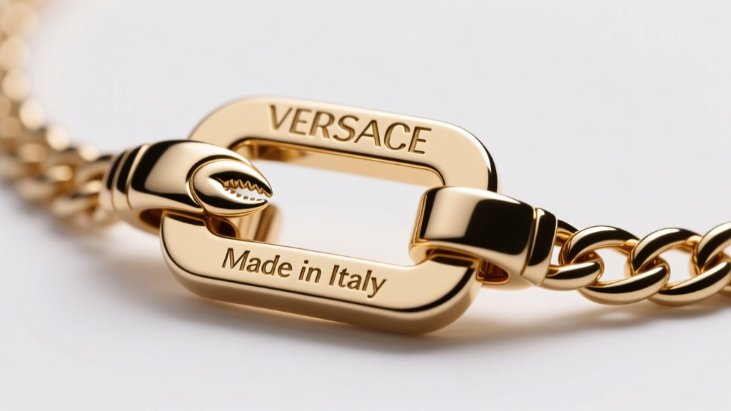 Macro shot of a genuine Versace necklace lobster clasp, showing the deep Made in Italy engraving and precise metal stamping.