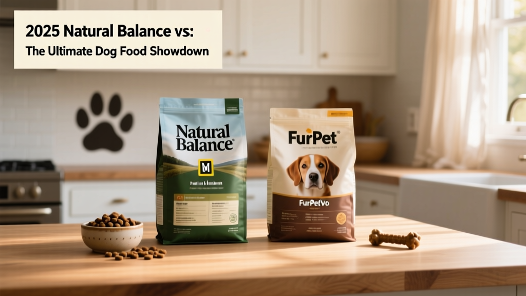 Side-by-side packaging of Natural Balance and FurPetVo dry dog food bags on a clean kitchen counter