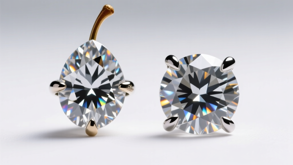 Macro shot comparing three-prong and five-prong settings on pear diamonds, highlighting the V-prong protecting the delicate tip.