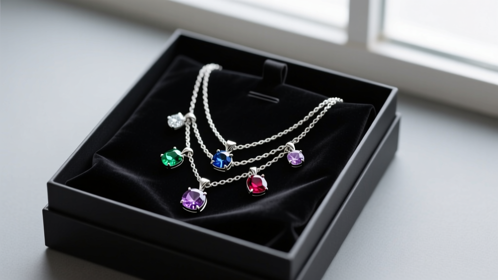 Flat lay gift box displaying a sterling silver multi pendant necklace with birthstone charms resting on dark velvet wrapping.