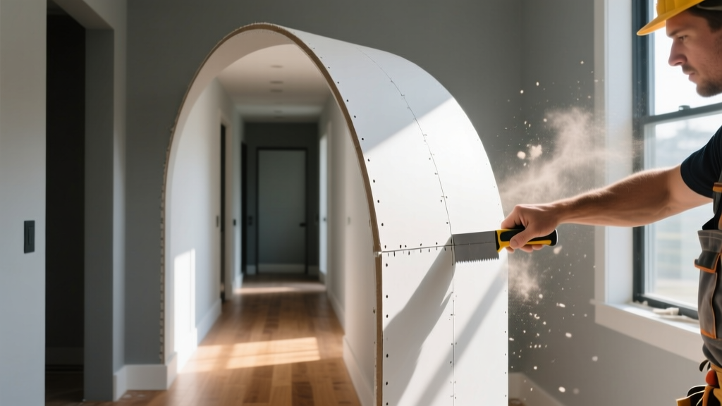 Contractor scoring the back paper of 1/4-inch flexible gypsum board to create a tight curved archway in a modern residential hallway