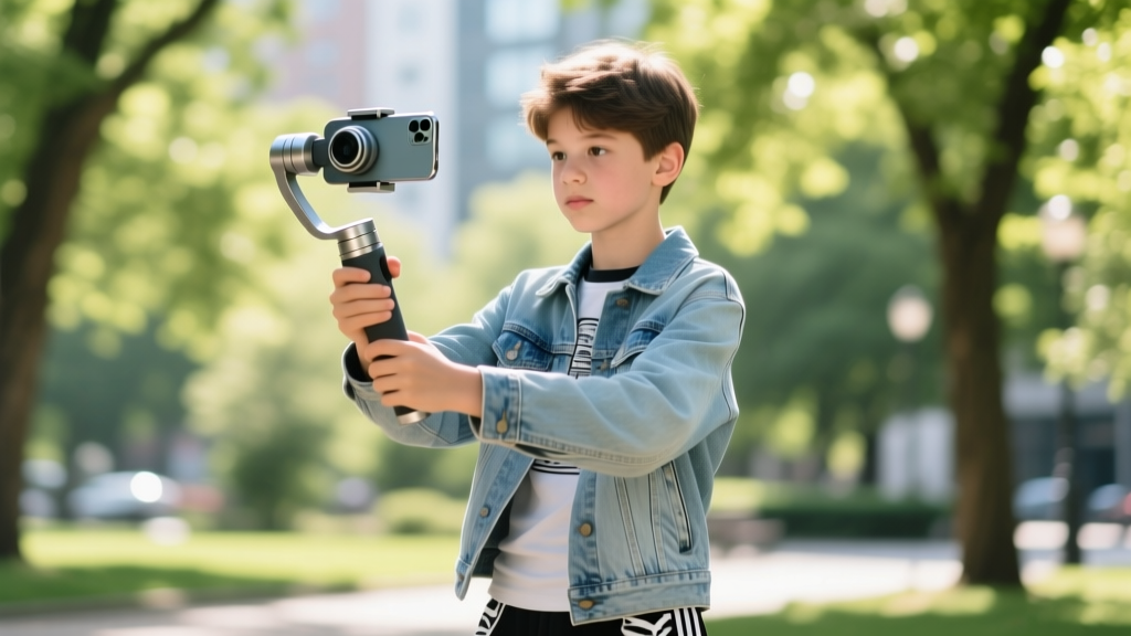 Teenager holding a smartphone gimbal stabilizer while vlogging outdoors in a sunny park with blurred green trees in the background