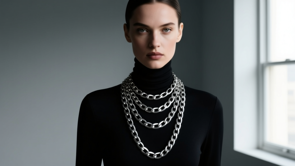Fashion model wearing layered silver plated chunky chain necklaces over a dark turtleneck, moody studio lighting, editorial style