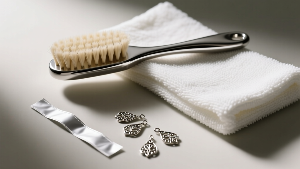 Overhead view of silver cleaning tools, a horsehair brush, microfiber cloth, and anti-tarnish strips, arranged near filigree drops